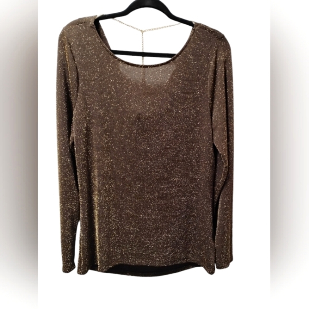 NWOT MK Brown & Gold Cowl Back Blouse –Chic & Elegant Statement Top (size L)